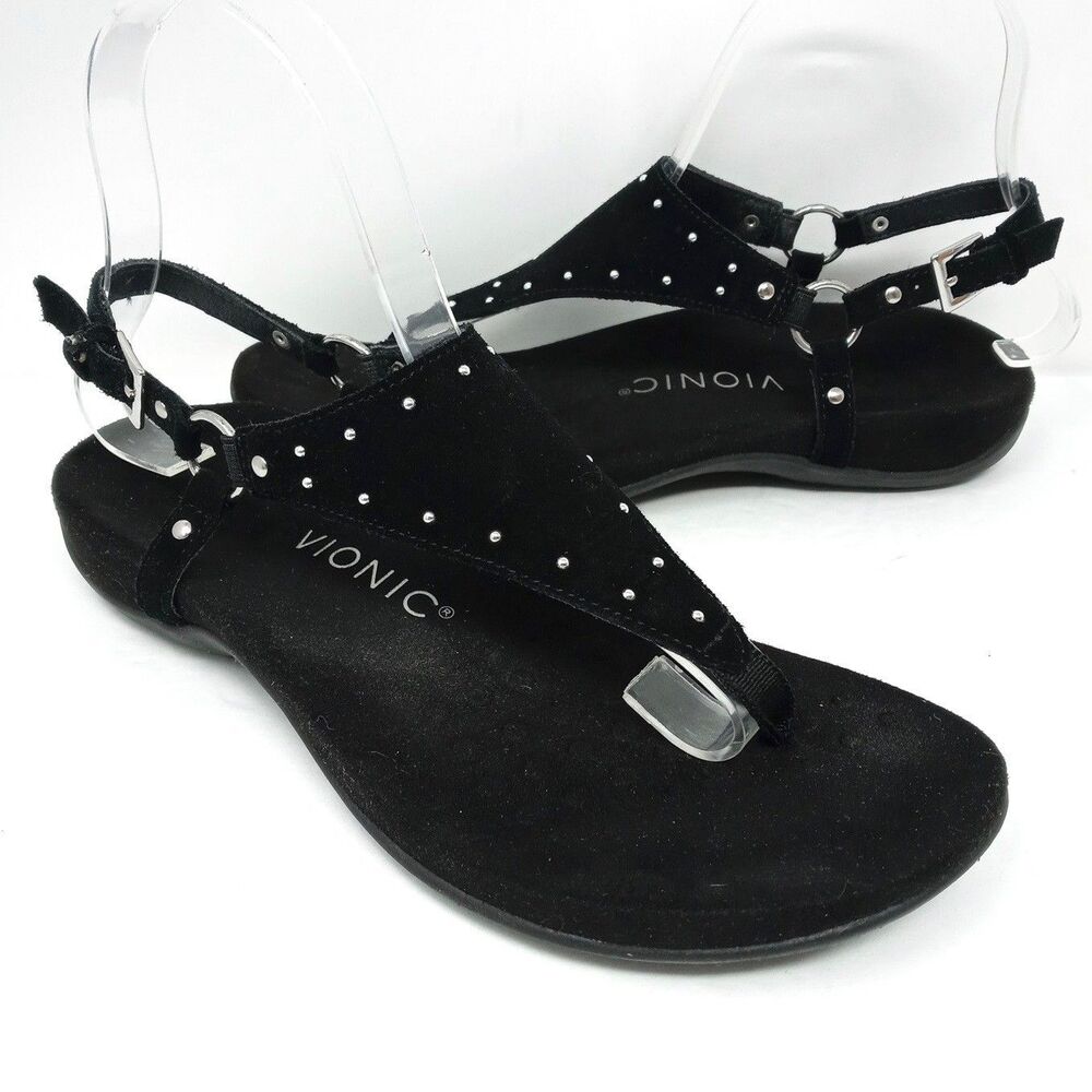 Vionic Margot Suede Studded T-Strap Sandals Women's Size 7 Black Strappy - Picture 1 of 10
